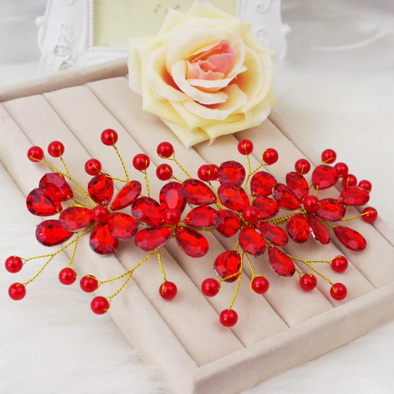 Women\'s Red Flower Wedding Bridal Party Accessary Handmade Hair Pin Clip Jewelry Luxury hair accessories red Hairpin