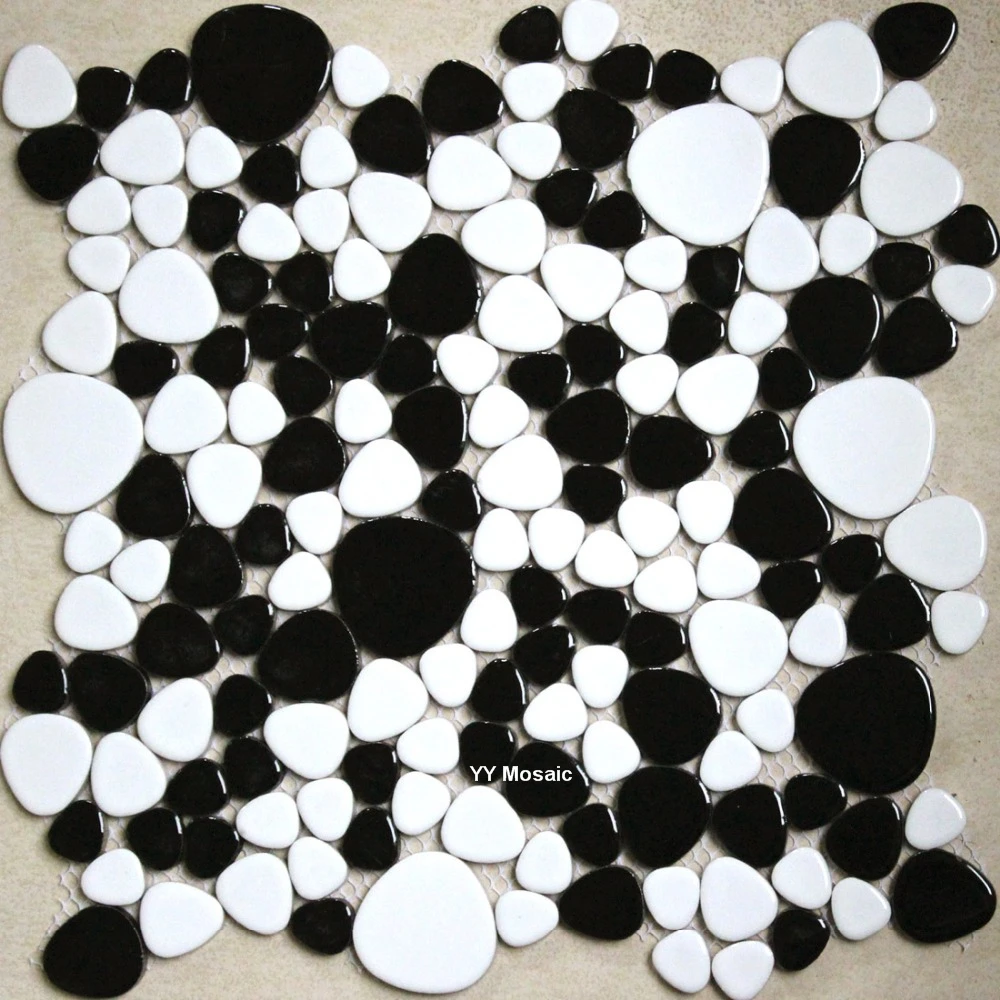 Simple Glossy Pebble Black White Ceramic Mosaic Tiles, for DIY Kitchen Shower Bathroom Wall Sticker Garden Floor Tile