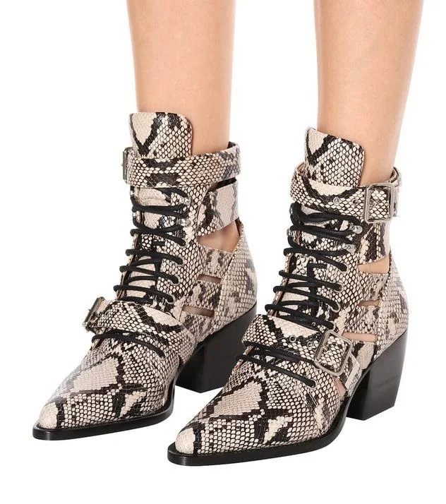 

Punk Style Snake Skin Print Leather Women Ridding Boots Pointed Toe Stacked Heels Lace-up Ankle Boots Python Leather Ankle Boot