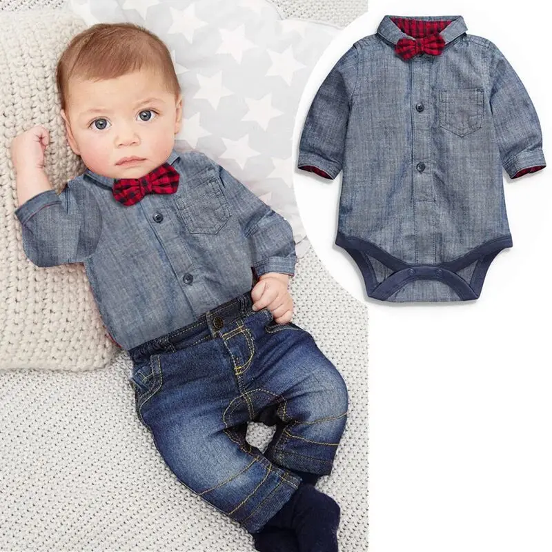 

Spring Baby Boys Clothes Bow Tie Romper+Jean 2pcs set for boys man Clothing Kids Tracksuit Fashion Cotton Children Outfits A097