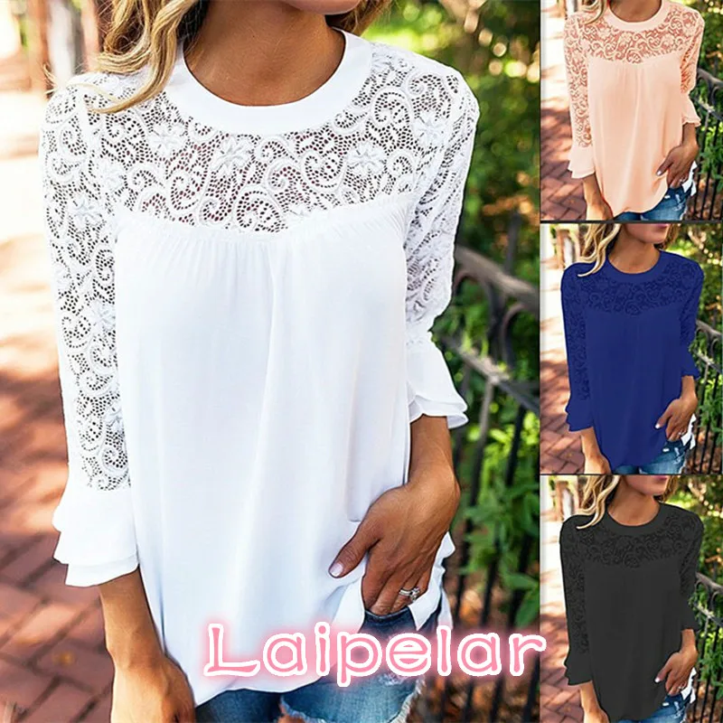 Mulheres blusas de verão branco renda chiffon blusa casual tops babados blusas camisas moda chemise femme camisas blusas femininas