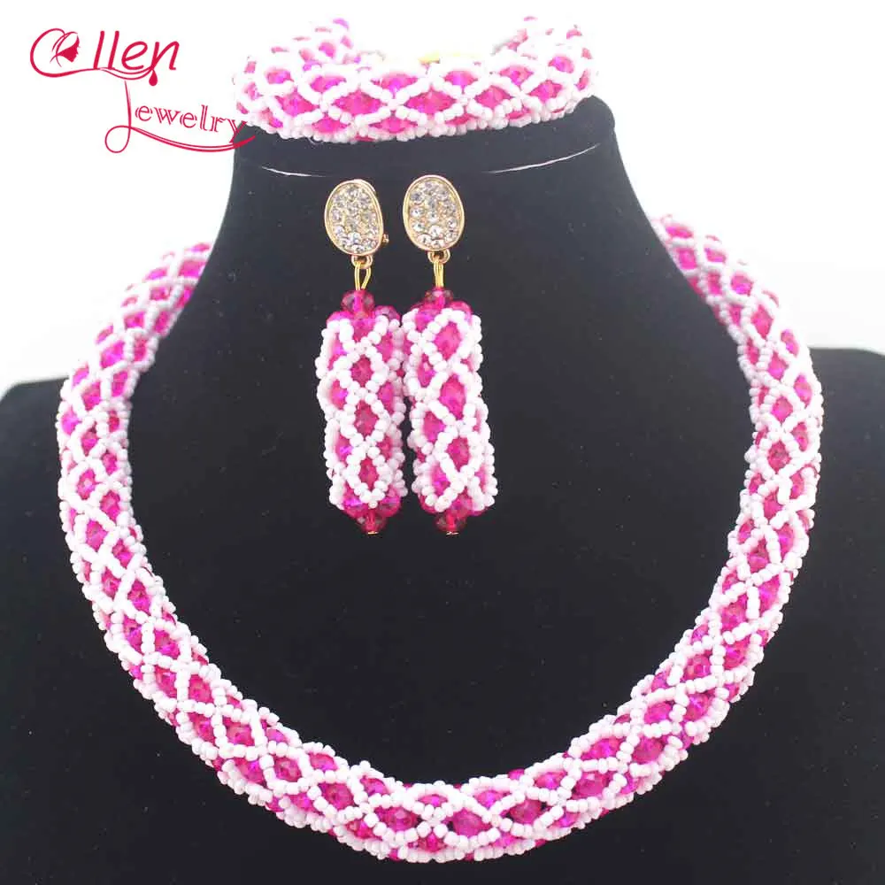 

Nigerian Amazing Pink and White wedding beads African beaded necklace jewelry sets india dubai bridal jewelry sets N0105