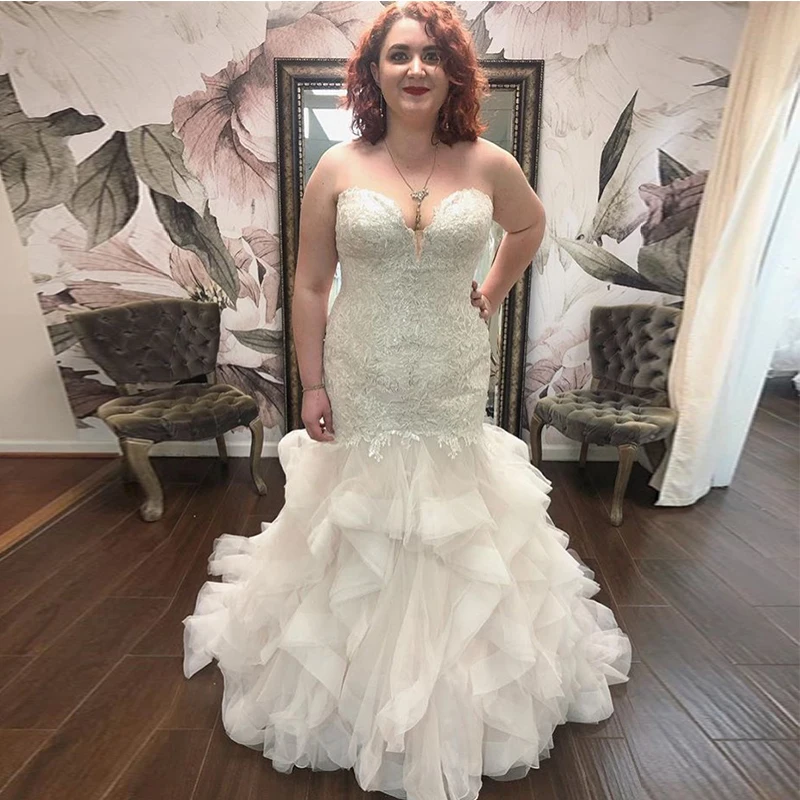 Plus Size Mermaid Wedding Dress Sweetheart Appliques Beaded Tiered Skirt Vestido De Novia Tulle Bridal Gowns Robe De Mariee 2019