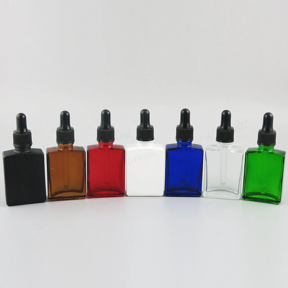 12 x 30ml Square Flat glass with black pipette dropper 1oz black white clear blue glass e liquid container30ml dropper bottle