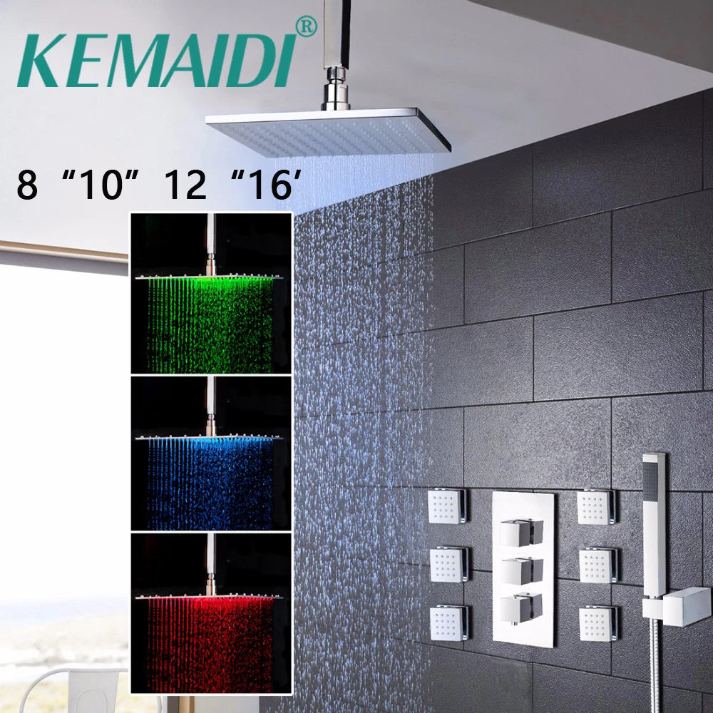 

KEMAIDI Bathroom 8 10 12 16 inch LED Chrome Shower Faucet Set Thermostatic Valve Mixer Tap W/ 6 Message Jets Shower Set