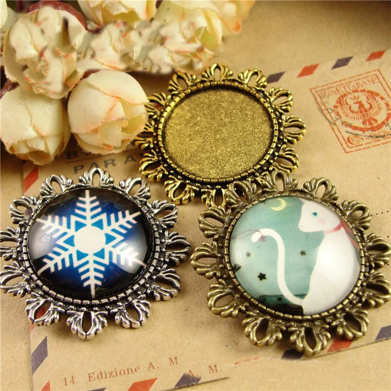 Bộ 5 Hoa Vintage Mặt Dây Chuyền Cabochon Đế Cài Đặt Ốp Viền Khay Trống Phù Hợp 25mm Cabochons Hạt dây LÀM Làm