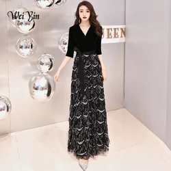 Customized Luxury Black Long Sequin Evening Dresses V Neck Velour Evening Gowns Half SleeveS Prom Party Formal Dresses WY1330