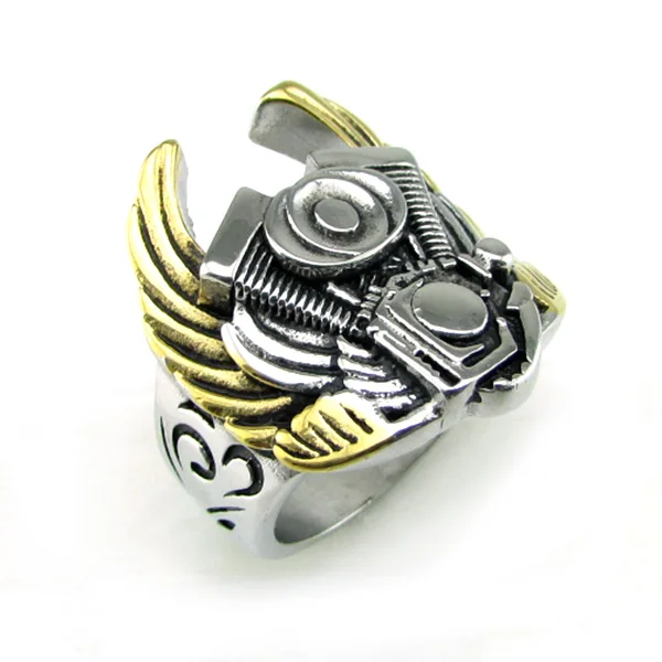 Punk 316L Stainless Steel Silver Color Gold Plated Wings Engine Biker Ring Men\'s Motorcycle Band Party Rings