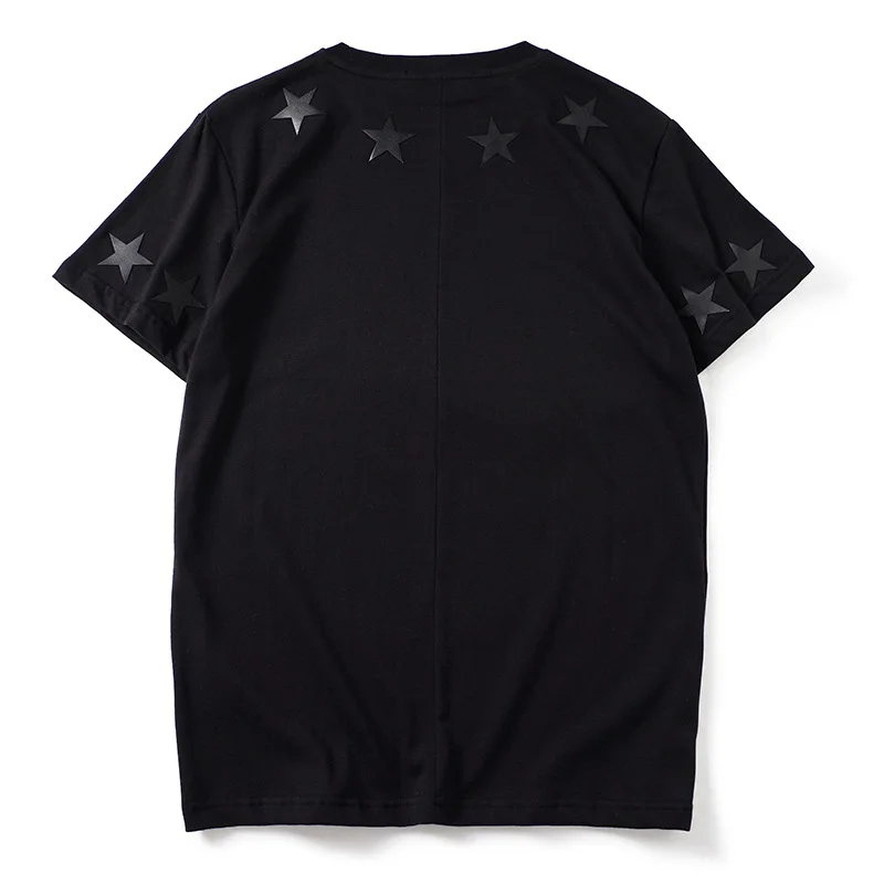 New Novelty 2019 Men Sleeve PU leather stars T Shirts T-Shirt Hip Hop Skateboard Street Cotton T-Shirts Tee Top Kenye #25