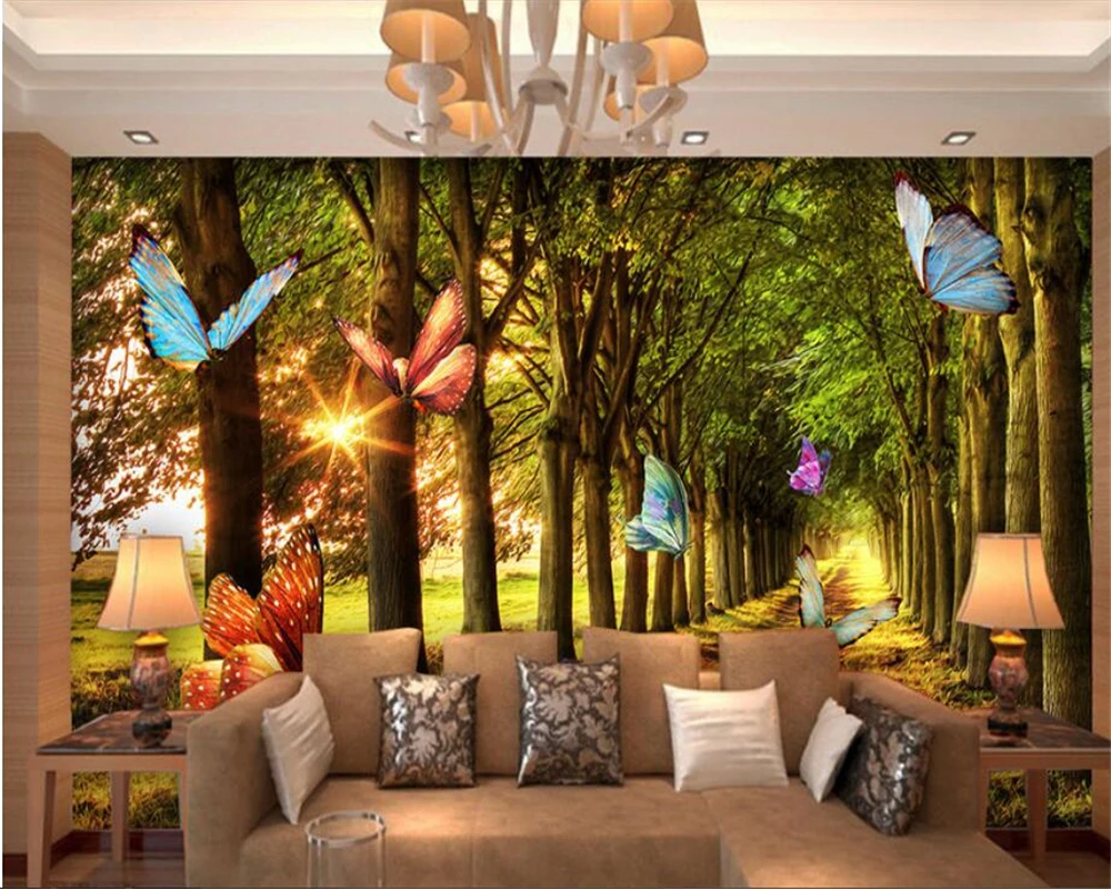 

Custom size wallpaper children's room decoration Mural sunshine forest morning butterfly flying decorative painting 3d wallpaper