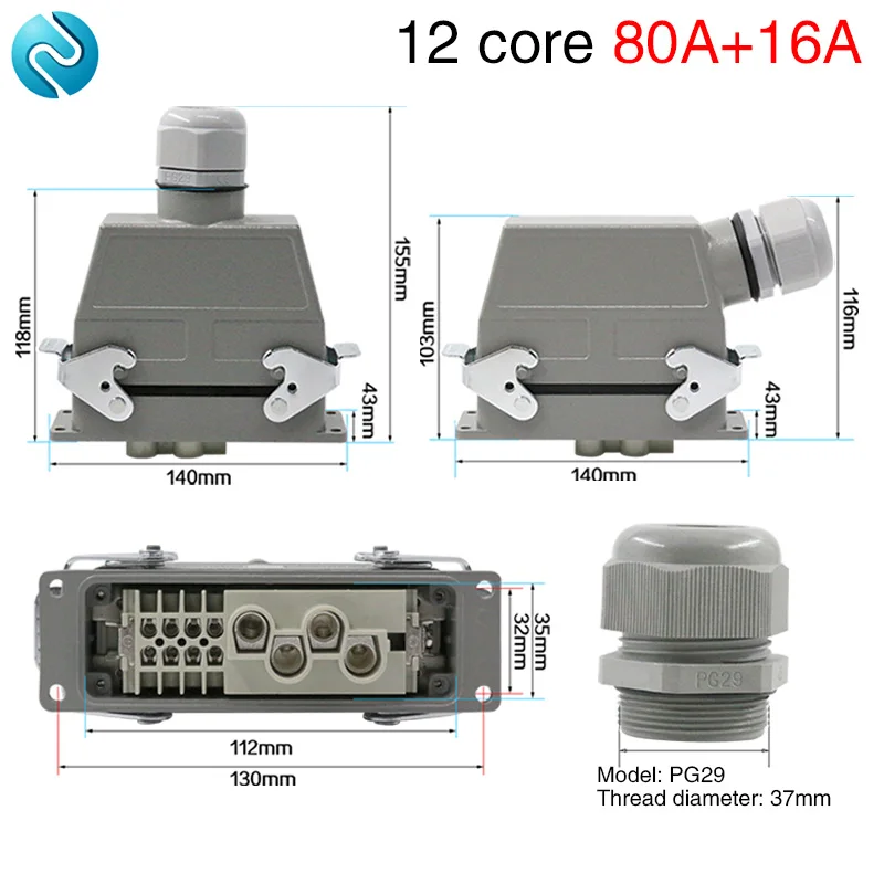 Rectangular Heavy Duty Connector HDC-HK-4/8 12 Core Pins Waterproof Aviation Industrial Machine Tool Plug Socket 80A+16A 500V