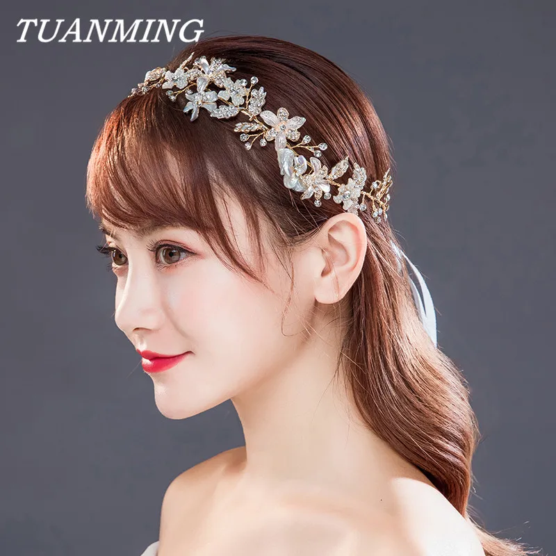 Rhinestone and Pearl Flower Bride Headband Wedding Headdress Golden Wedding Hair Band Accessories Princess Bridal Tiara Headband