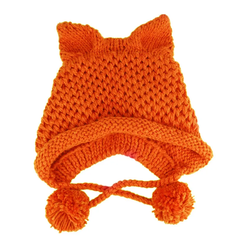 BomHCS 22 Colors Very Cute Fox Ears Hat 100% Hand Made Cold Weather Knitted Warm Beanie