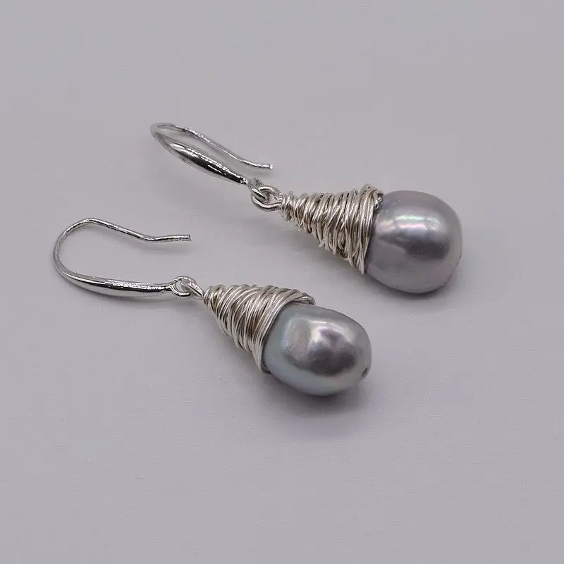 Handmade Pearl Earrings Grey Natural Freshwater Pearl 925 Sterling Silver Earrings Drop Shape Silver Wire Women\'s Earrings
