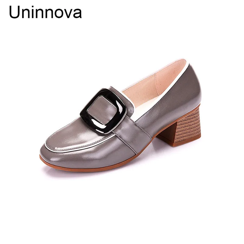 Uninnova Women's Glossy Patent Leather Buckle Med Heels Pumps Black Olive Green Gray Shoes Plus Size 43 Small Size 33 WP089