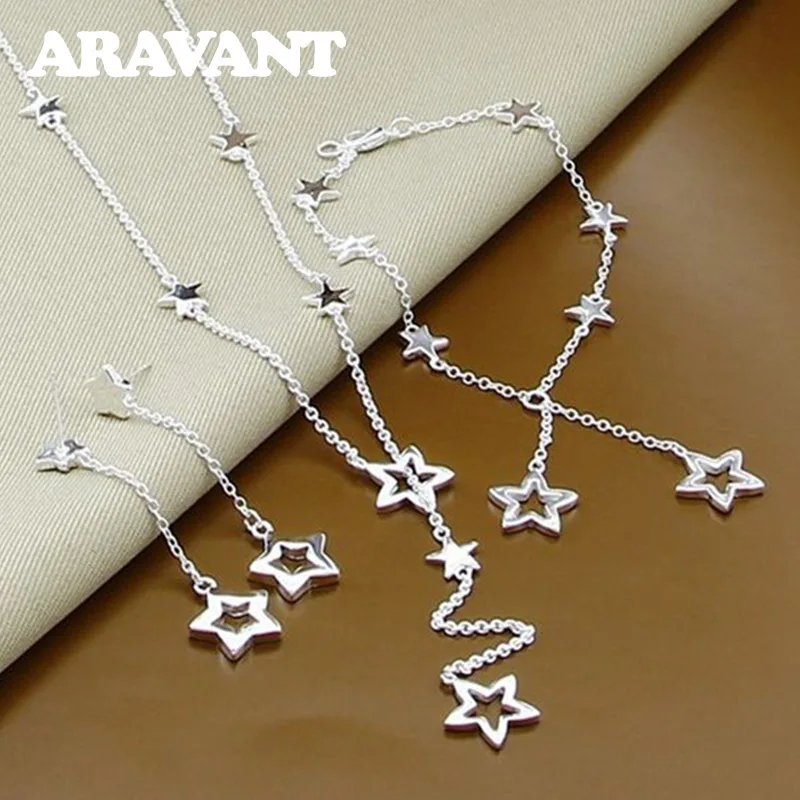 

925 Silver Shine Star Sets Necklaces Bracelets Long Earrings For Women Bridal Fashion Jewelry