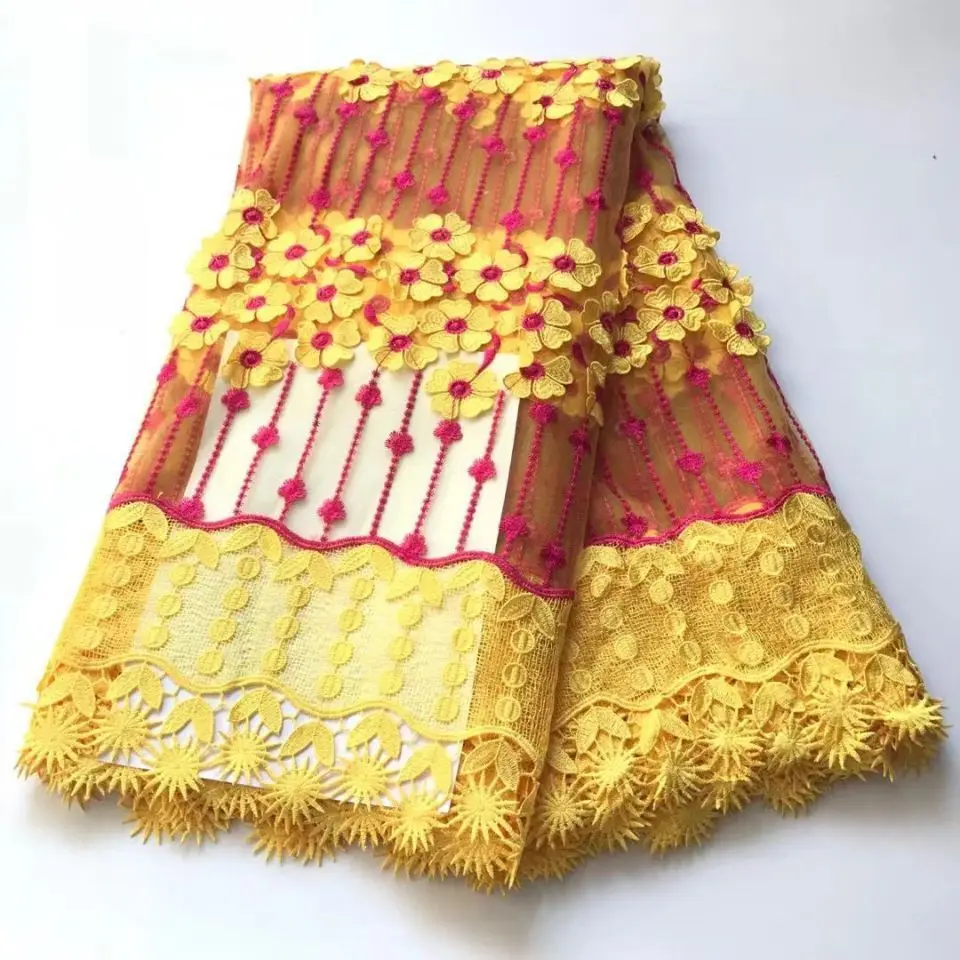 

5 Yards/pc Hot sale yellow african water soluble lace embroidery and fuchsia french net lace fabric for dress GX6-1