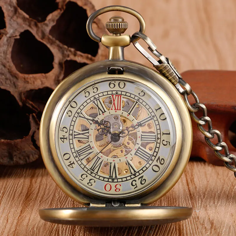 Xmas Gift Women Men Fashion Mechanical Pocket Watch Clock Vintage Bronze Hand-Winding Pendant Pocket Watches Double Numbes Dial