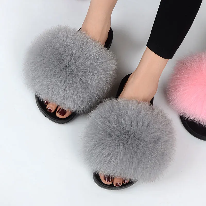 Real Fox Fur Slides Plus Size Summer 2021 Open Toe Fluffy Real Hair Slippers Casual Black Slip On Flip Flops Furry Shoes