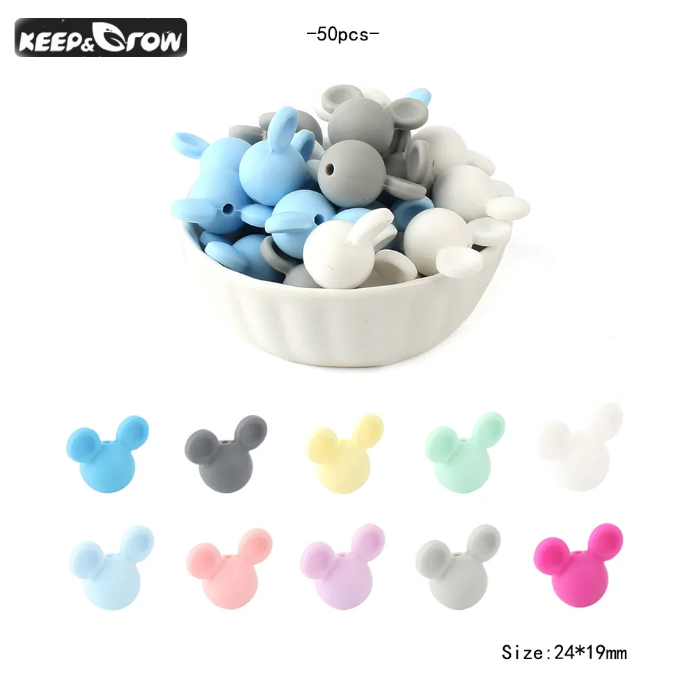 

KEEP&GROW 50Pcs Silicone Beads Mouse Baby Teether Food Grade Silicone Teething Pendant DIY Pacifier Clips Accessories BPA Free