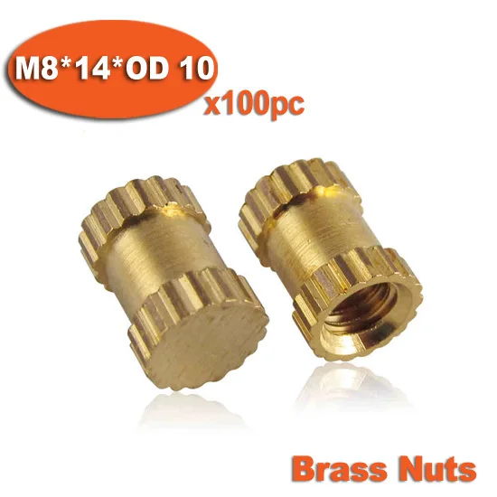 

100pcs M8 x 14mm x OD 10mm Injection Molding Brass Knurled Thread Inserts Nuts