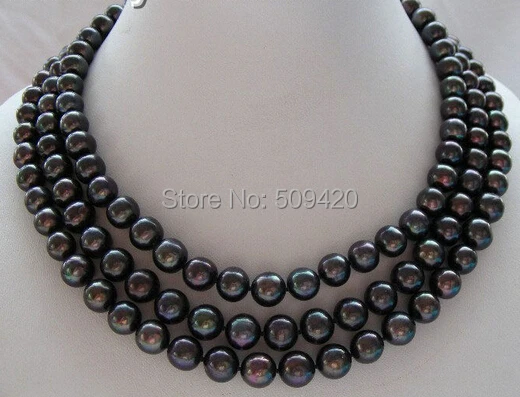 

Gorgeous 3strands genuine 10mm round black freshwater pearls necklace