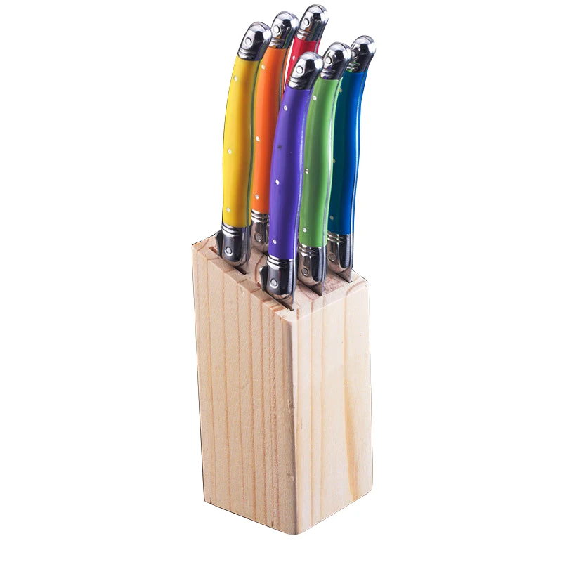 6pcs 9'' Rainbow Dinner Knives in Wood Holder Laguiole Style Steak Knife Stainless steel Restaurant Cutlery Kitchen Flatware set