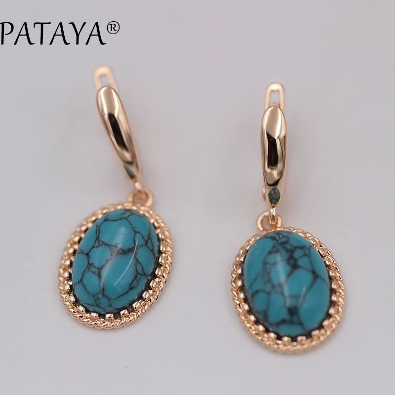 PATAYA Exclusive Multicolor Oval Natural Stone Earrings 585 Rose Gold Color Drop Earrings Women Wedding Party Vintage Jewelry