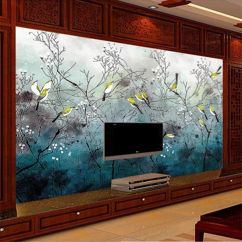 

beibehang Custom wallpaper 3d murals hand-painted flowers and birds nostalgic retro Chinese classical TV background wall paper