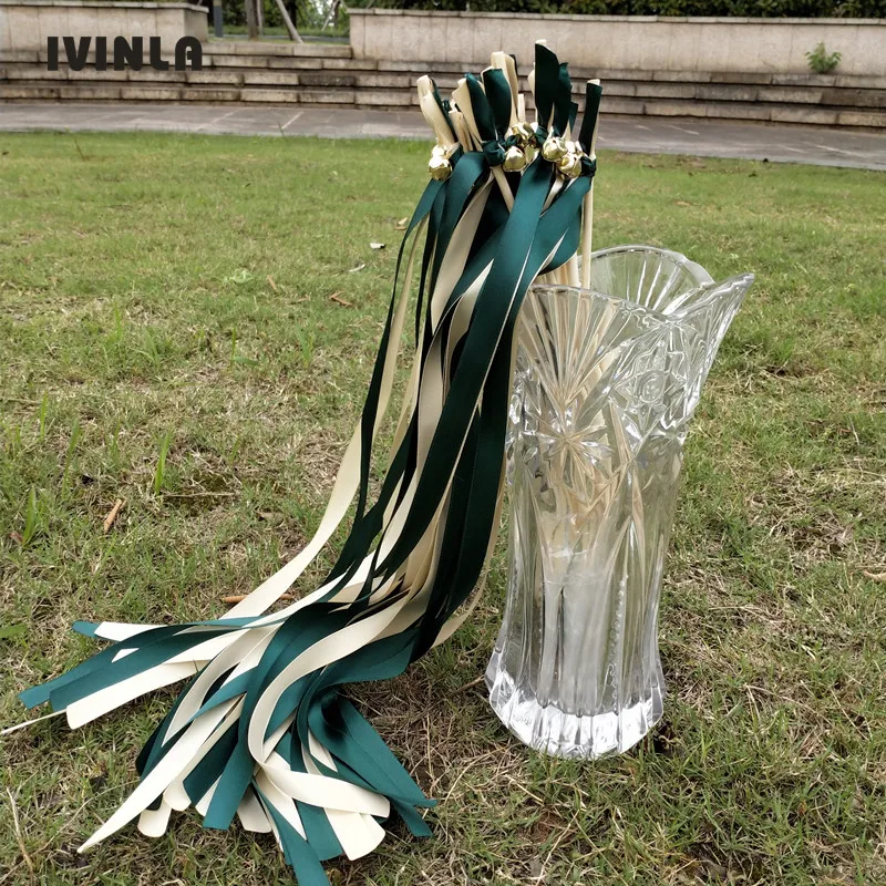 

Hot selling 50pcs/lot cream and green Wedding Wands with sliver Bells for wedding party