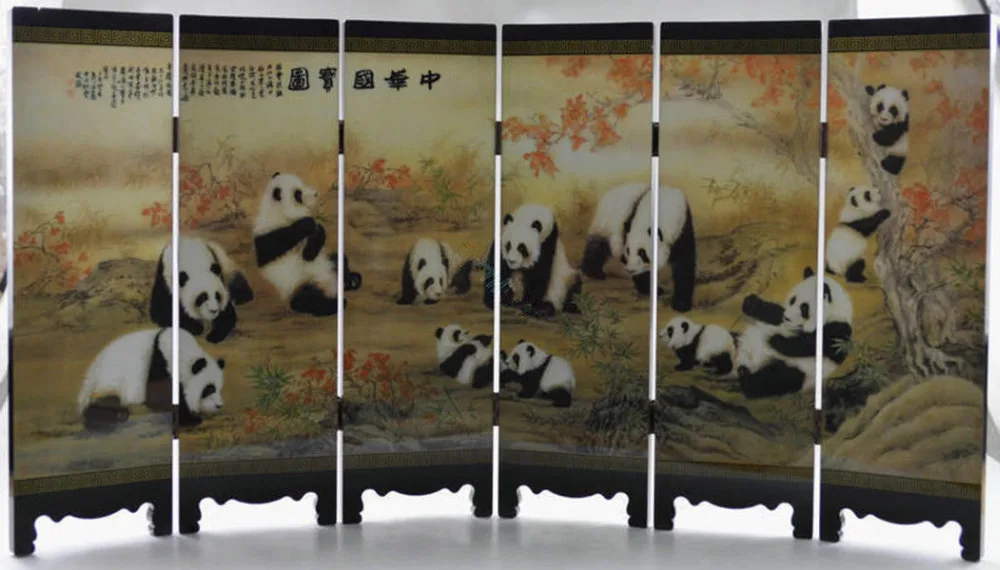 

OLLECTIBLE CHINA OLD HANDWORK WOOD PAINTED LOVELY PANDA FOLDING SCREEN