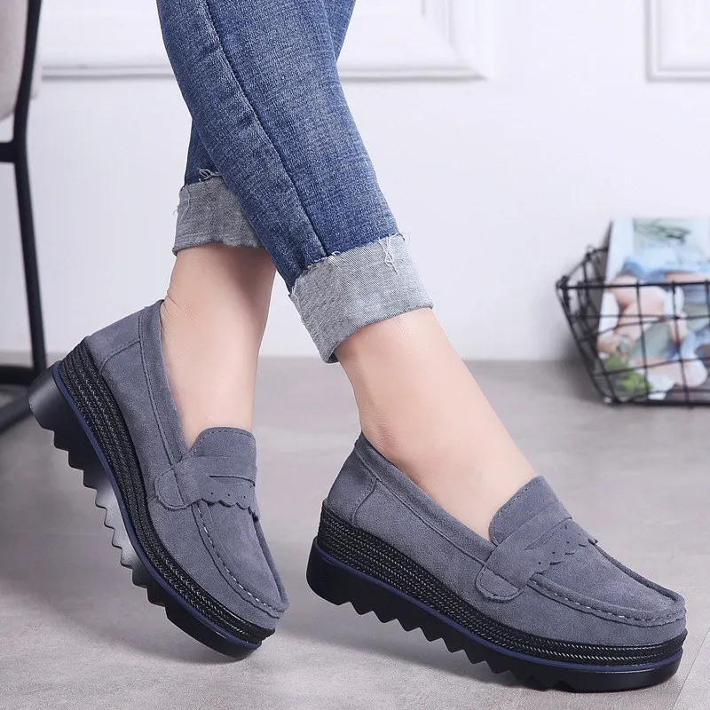 New Spring Autumn Shoes Woman Platform Cow Suede Leather Women's Flats Comfort Thick Sole Women's Loafers Moccasins Female Shoe