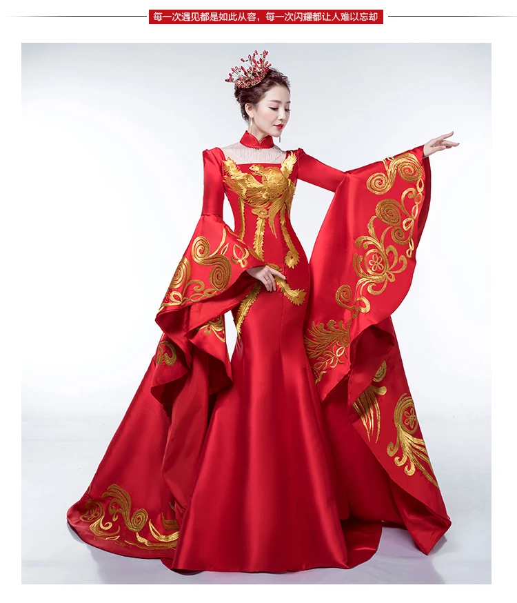 

100%real chinese traditional red phonix embroidery one piece long trainling sleeve dress/can cusotms size/many styles to choose