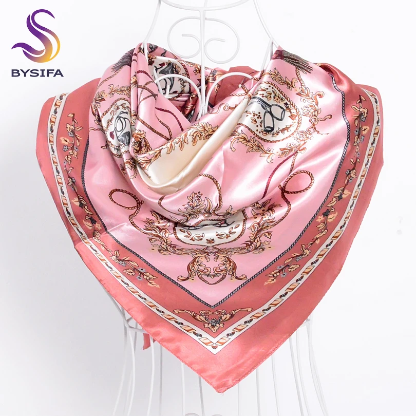 [BYSIFA] Navy Blue Beige Female Satin Silk Scarf Shawl Fashion Accessories Women Chain Flowers Pattern Autumn Winter Scarves