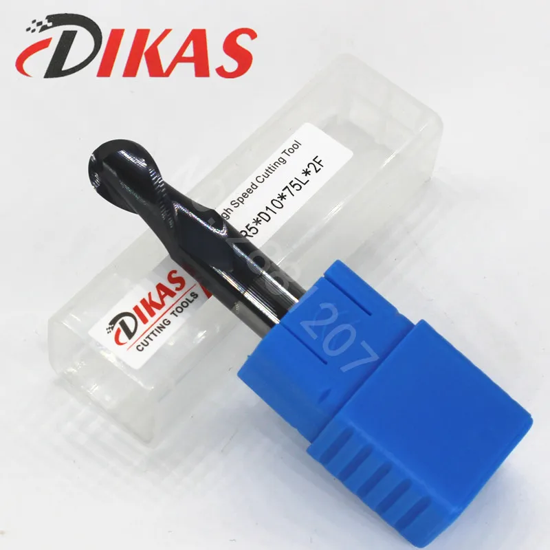 Dikas 45hrc r5 * d10 * 75l * 2f material, fresa de ponta de carboneto com 2 sulcos, revestimento de 10mm, nano uso para fresadora de alta velocidade