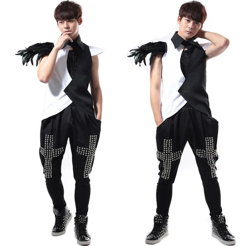 

Male Novelty Black white Feather Waistcoat Vest Costumes NightClub Singer Bar DJ shirt punk rock stage performance costumes