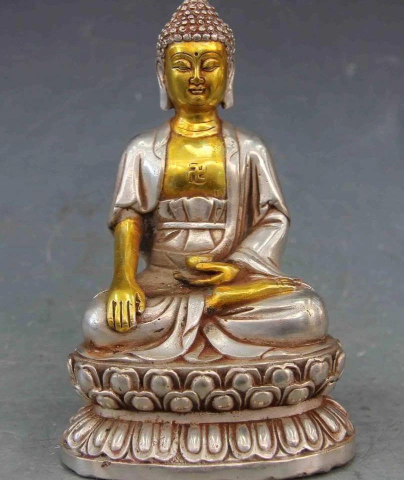 6.5 Chinese Buddhism White Copper Silver Tathagata Amitabha Rulai Buddha Statue