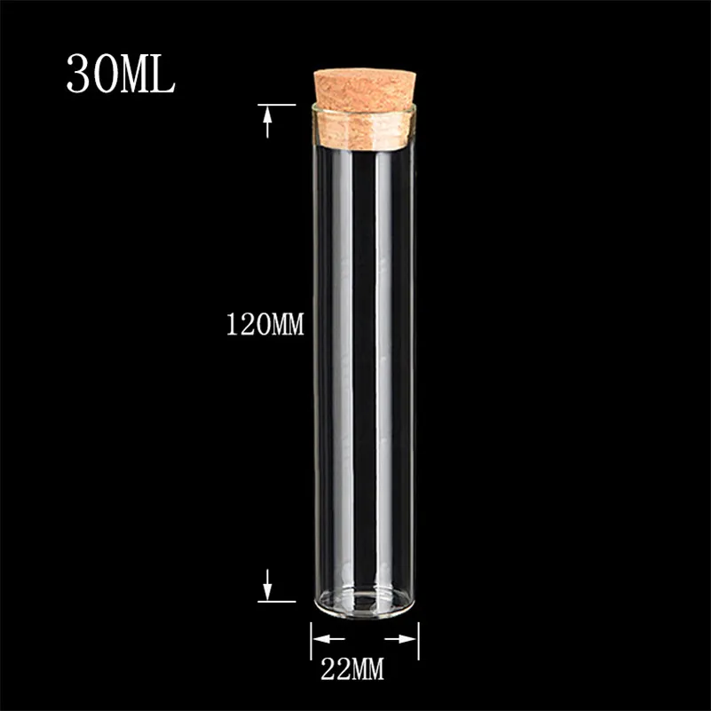 50pcs/lot 22*120mm 30ml Transparent Clear Bottles With Cork Stopper Food Grade Glass Vials Jars Storage Bottles Test Tube Jars