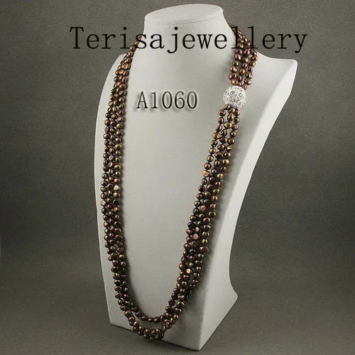 Brown Color Baroque Freshwater Pearl Necklace 3 Rows AA 6-8MM Real Pearl Jewellery Fashion Woman's Necklace Party Birthday Gift