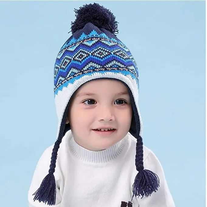 Connectyle Toddler Infant Baby Boys Winter Skull Cap Fleece Lined Earflap Knit Kids Warm Hats with Pom-Pom