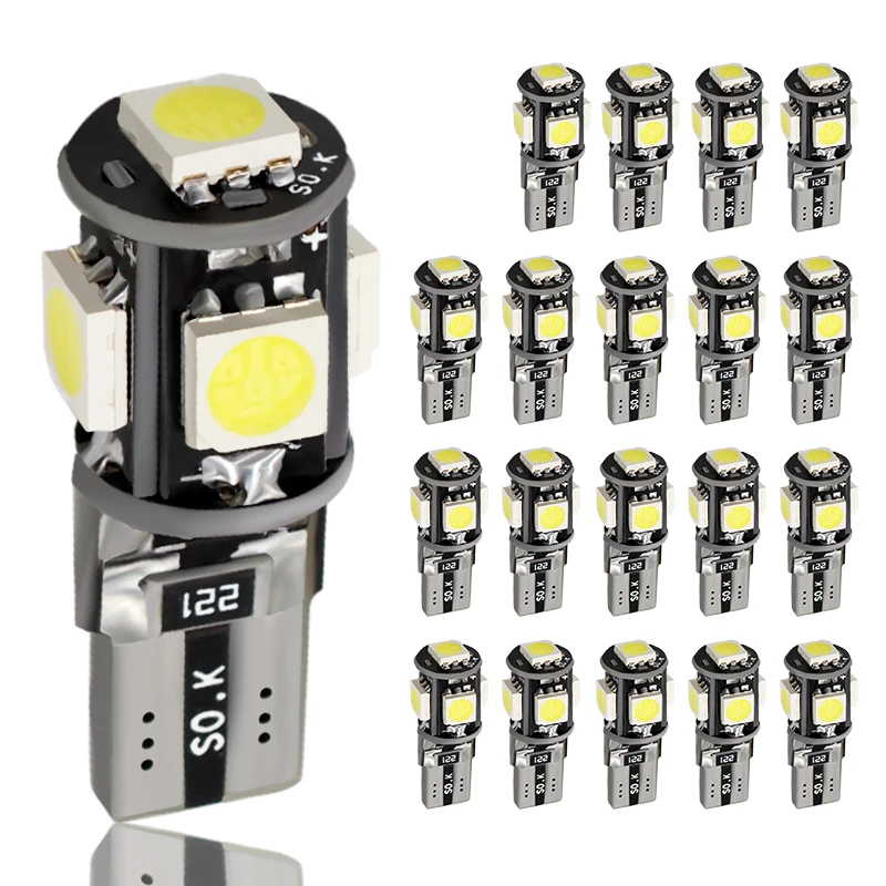 20pcs T10 LED Canbus 5 Chips 5050 SMD W5W 194 Error Free White Automotive Car Wedge Dome Reading License Plate Light Lamp DC 12V