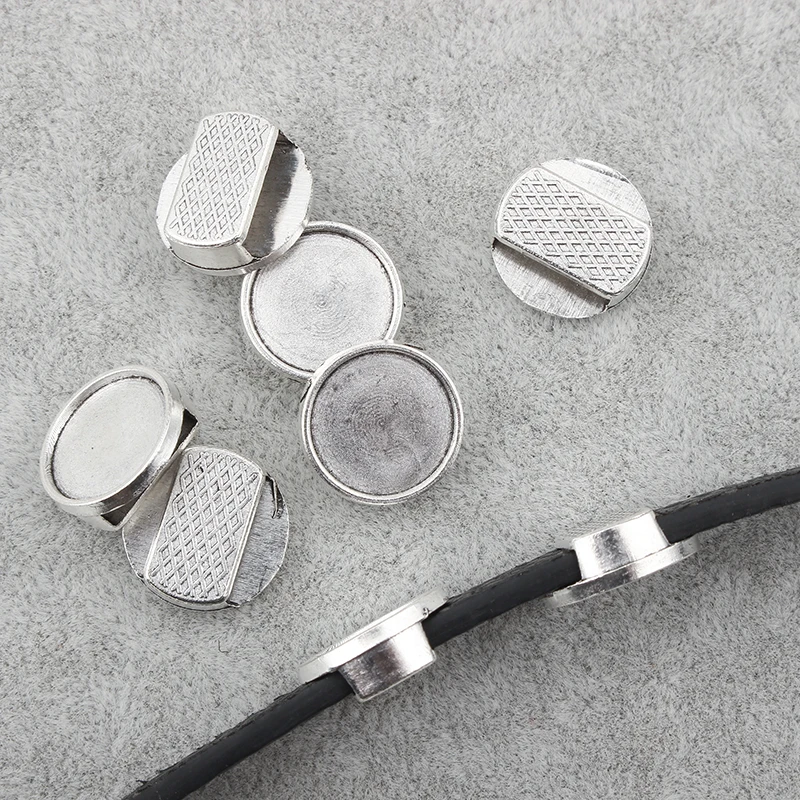 20pcs tibetan silver flat leather slider beads blank 12mm cabochon setting diy bracelets making supplies hole 10x2.5mm