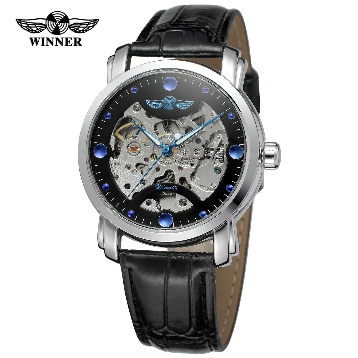 Fashion Winner Top Brand Blue Ocean Design Leather Transparent Mens Watch Luxury Male Wrist Watch Skeleton Automatic Watch Clock