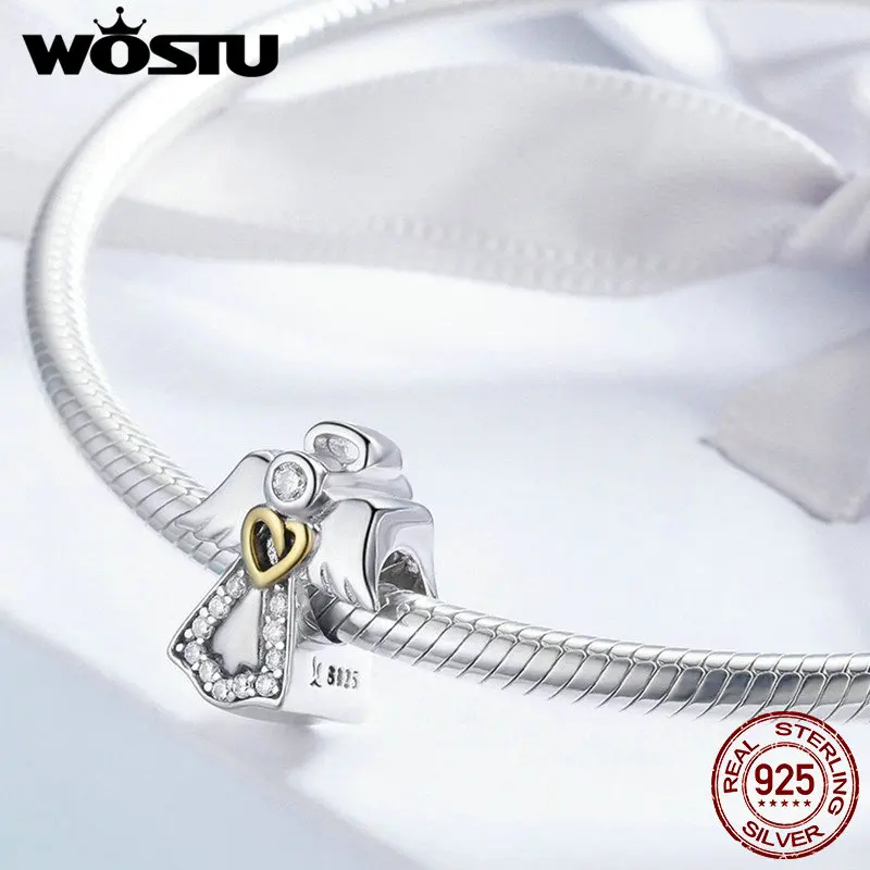 WOSTU High Quality Real 925 Sterling Silver Guardian Angel Beads Fit Original Brand Charm Bracelet DIY Jewelry Lucky Gift FIC747