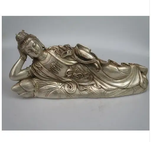 Collectible Decorated Old Handwork Tibet Silver Carved Sleeping Goddess of Mercy on Lotus Statue/ Big Guanyin Sculpture