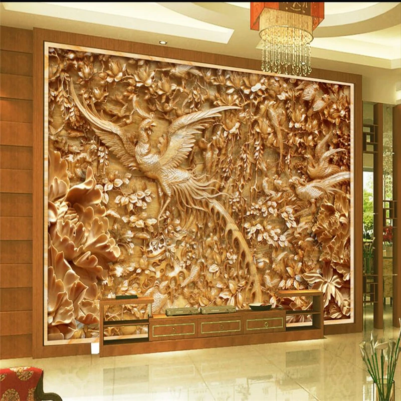 

wellyu Hundred birds towards the Phoenix wood carving TV background wall custom large mural green wallpaper papel de parede