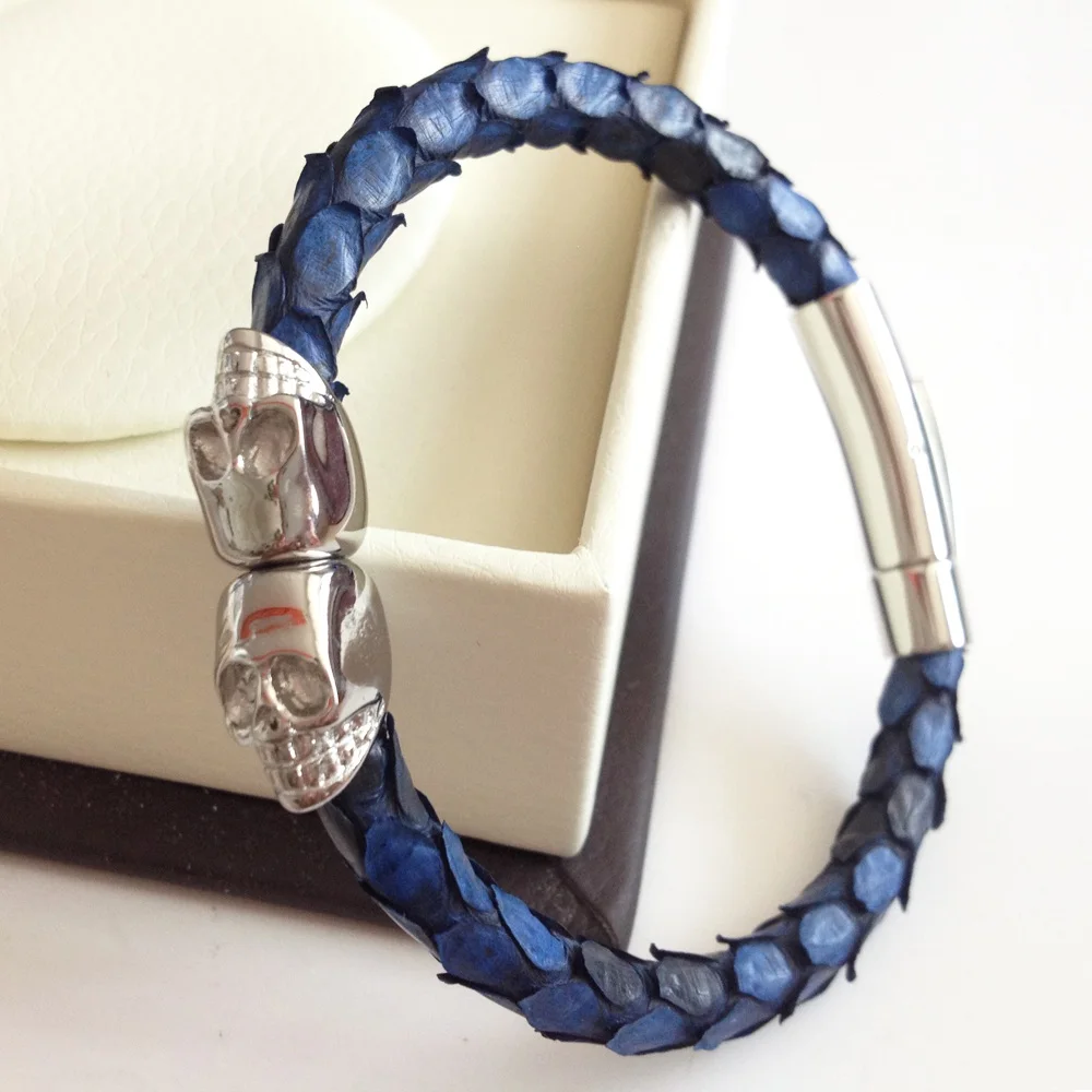 Fashion Genuine Blue Python Leather Skull Bracelet Northskull Twin Skull Bracelets Bangles for Man Women  Jewelry Gift