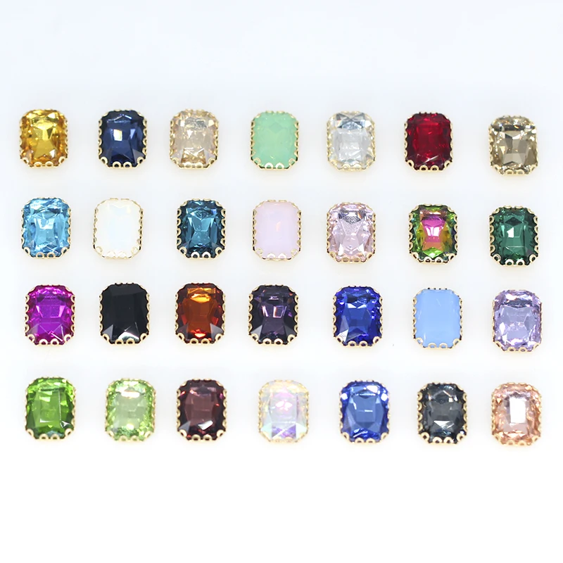 Tutti i Colori Cuce sul Rhinestone Rettangolo Octagon Pietra di Vetro In Oro Del Merletto Artiglio Impostazione 8x10,10x14,13x18 millimetri Cucire