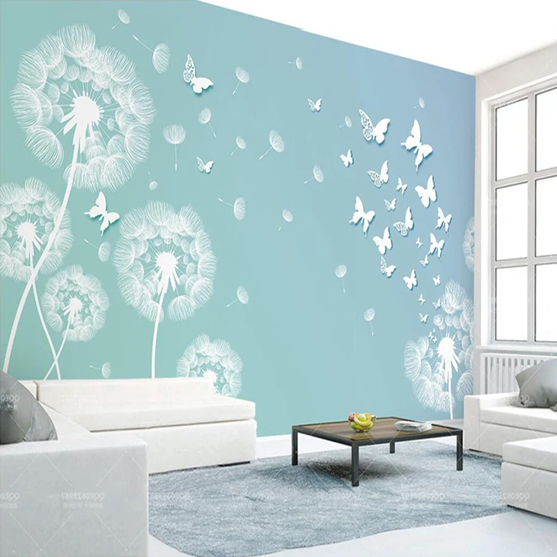 

Decorative wallpaper Fashionable and simple blue 3d dandelion butterfly background wall