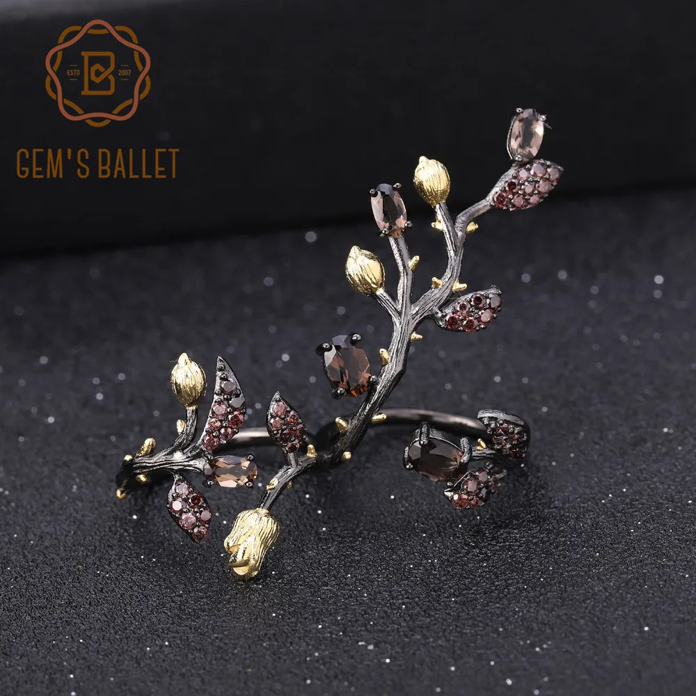 GEM'S BALLET 925 Sterling Silver Branch Tree Double Finger Rings for Women 1.57Ct Natural Smoky Quartz Adjustable Ring Statement